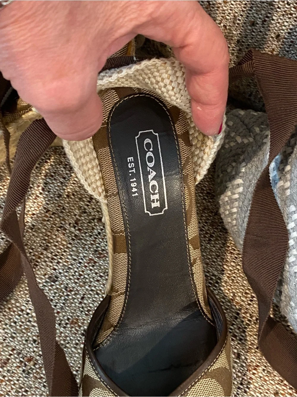 Coach Tan and Brown Signature Canvas Wedge Sandals with Ankle Wrap